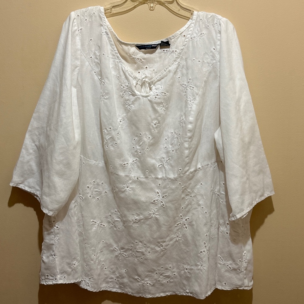 Saint Tropez West 100% Linen Women 3x Blouse 3/4th Sleeve Tops Floral Eyelet